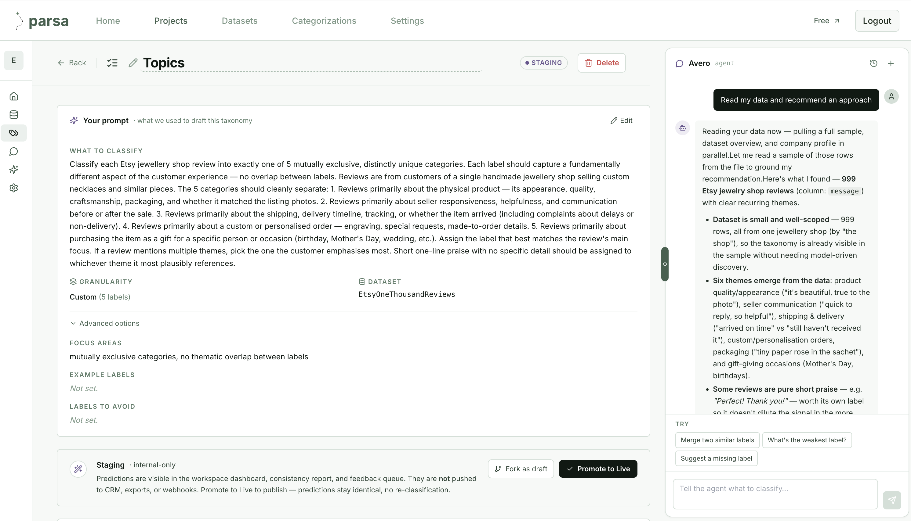 Parsa categorization brief with the Avero agent reading the dataset