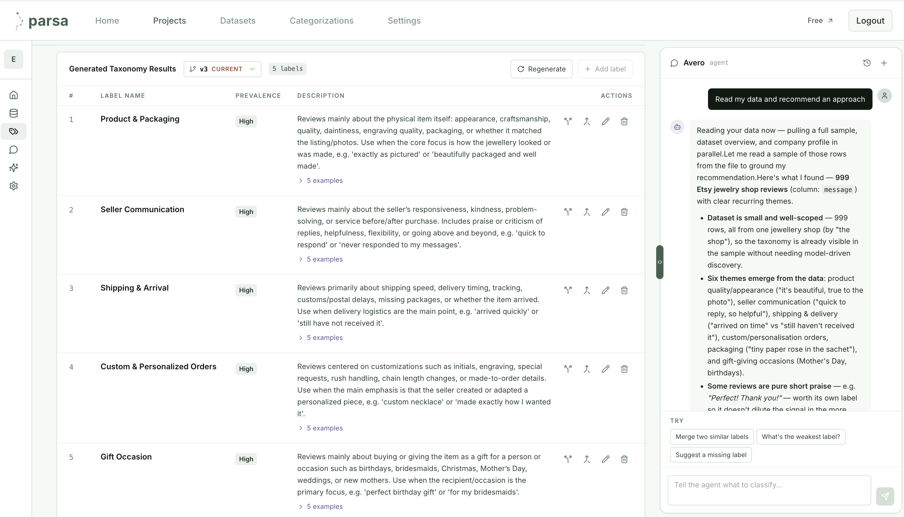 Parsa generated taxonomy results, five labels with prevalence and descriptions