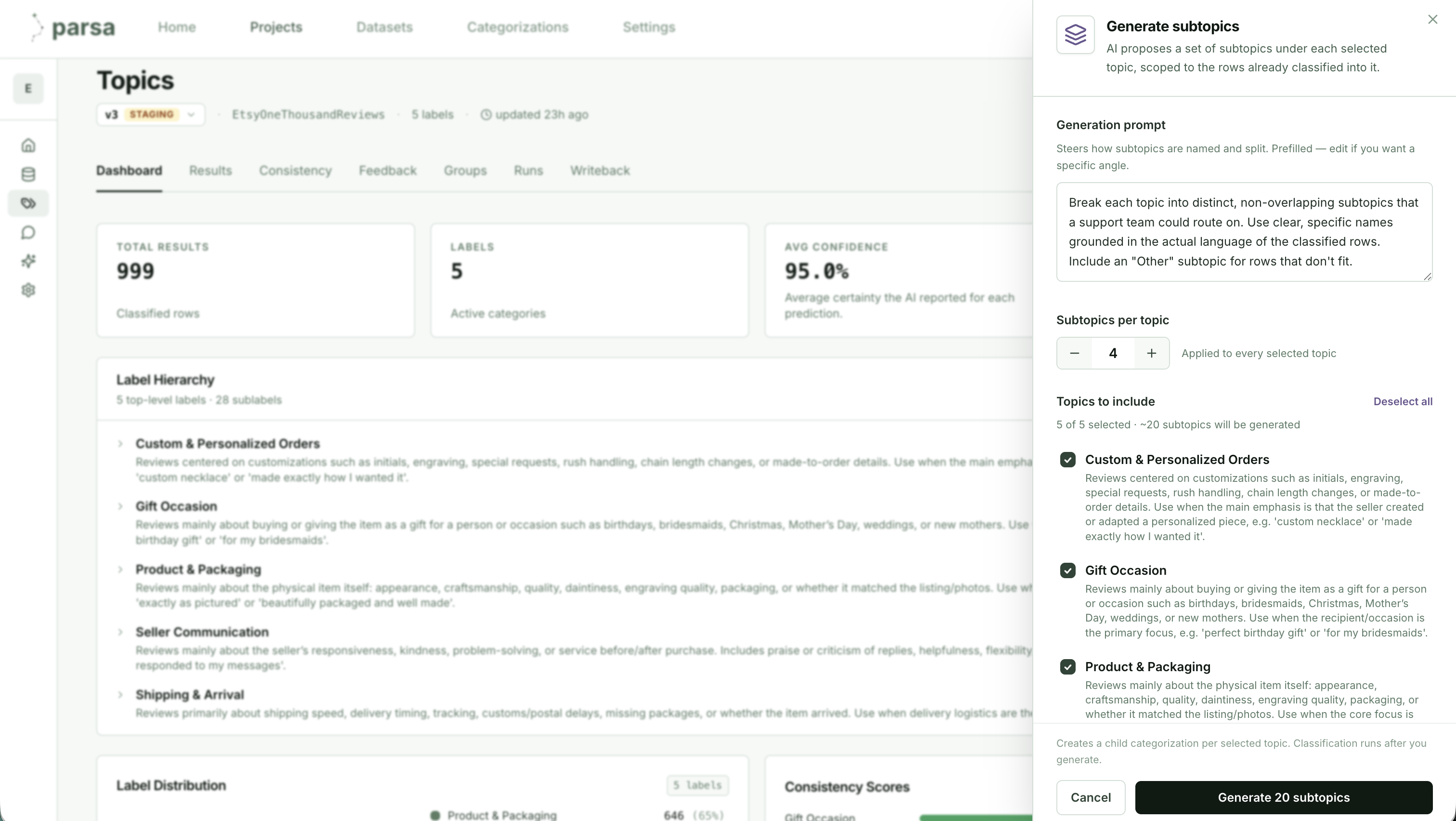 Parsa Generate subtopics panel with a prompt, subtopics-per-topic count, and topic selection